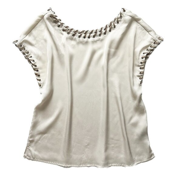 VINCE CAMUTO Cream Satin Cap Sleeve Blouse with Suede Lacing - Size Small - Picture 1 of 2